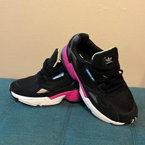 Adidas running shoes, black/pink/purple Sz 7